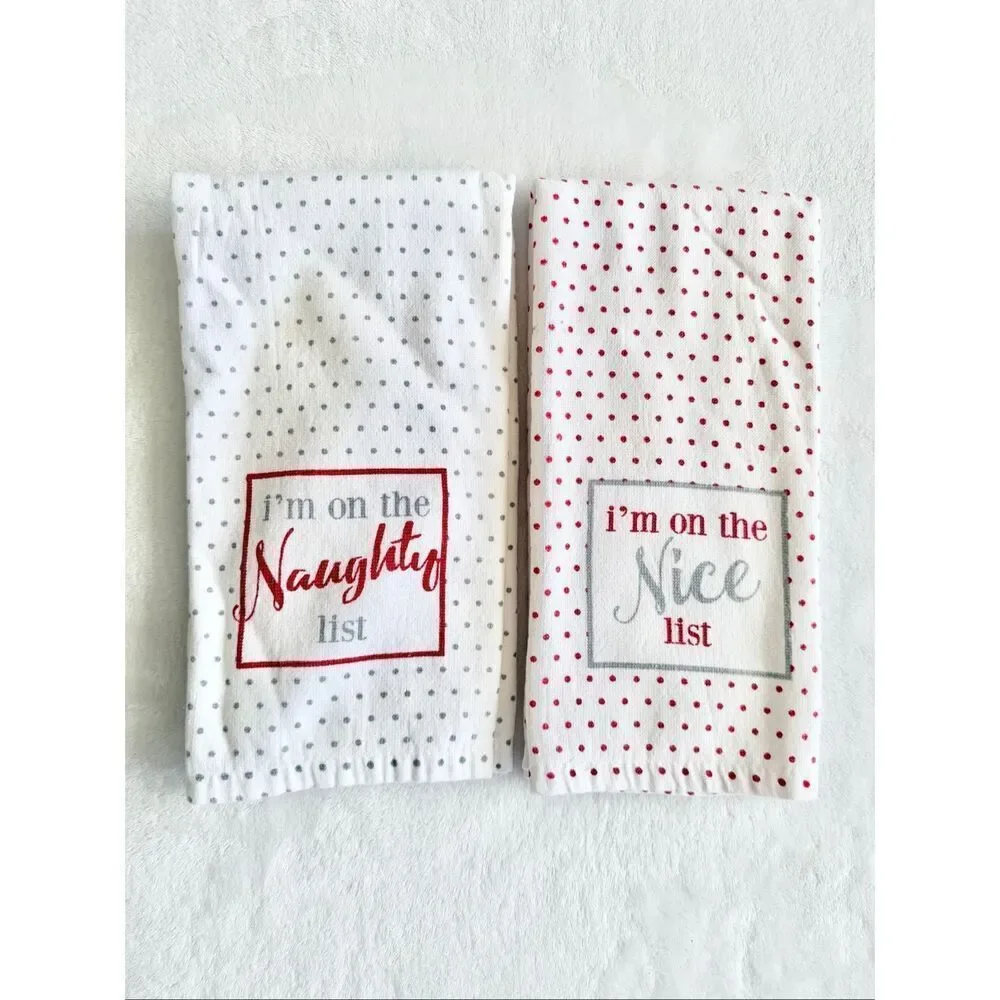 Naughty and nice polkadot red white and gray Christmas dish towels -set of two